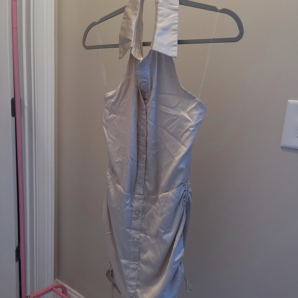 Small Cream Sleeveless Satin Mini Dress from Therapy Boutique